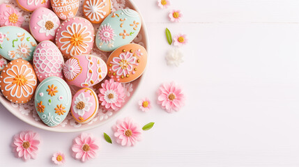 Delicious decorated Easter cookies on a plate - obrazy, fototapety, plakaty