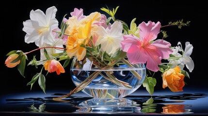  a vase filled with lots of colorful flowers on top of a blue and black counter top next to a mirror.