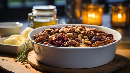  a bowl of nuts and cranberries sits on a cutting board next to a bowl of lemons and a jar of honey.