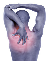 Man, back pain with red glow and injury or accident, illness with fibromyalgia or pressure on spine on white background. Overlay, body and sick in studio with muscle tension, inflammation and strain