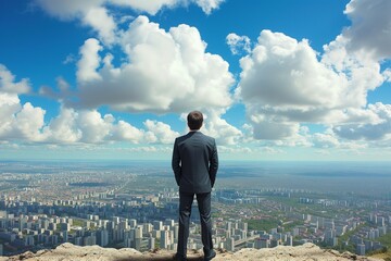 A businessman behind looking for town and blue-sky clouds on building top views.