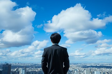 A businessman behind looking for town and blue-sky clouds on building top views.