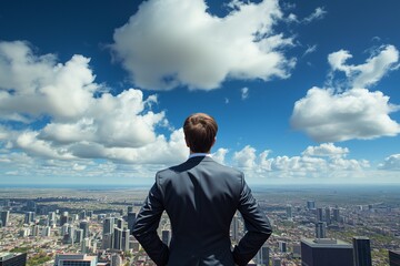 Fototapeta premium A businessman behind looking for town and blue-sky clouds on building top views.