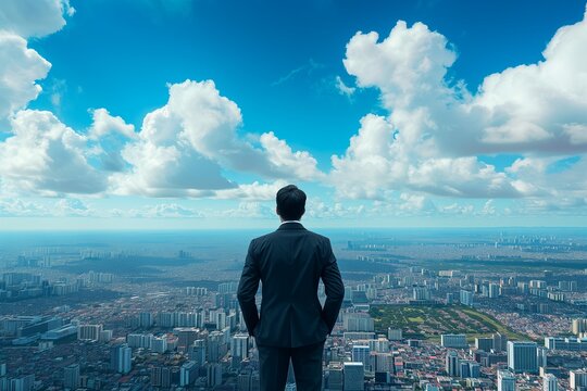 A businessman behind looking for town and blue-sky clouds on building top views.