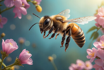 Honey bee flying over the flowers. AI generated - obrazy, fototapety, plakaty