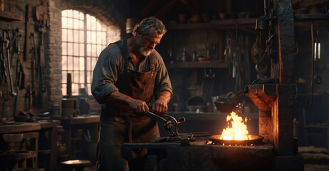 Mature man blacksmith working. AI generated