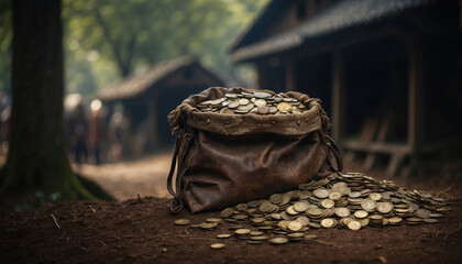 Medieval bag of coins in forest. AI generated