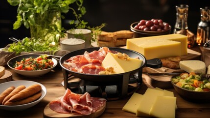  a variety of cheeses, meats, and breads are arranged on a table with a variety of meats and cheeses.