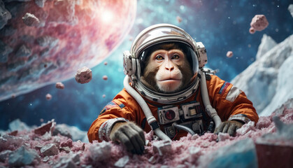 Monkey cosmonaut floating in space. AI generated
