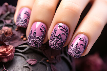Nail art halloween art, in the style of high detailed, light magenta and dark amber, matte painting, photo taken with nikon d750, romantic ruins, hand-coloring, bright, bold colors

