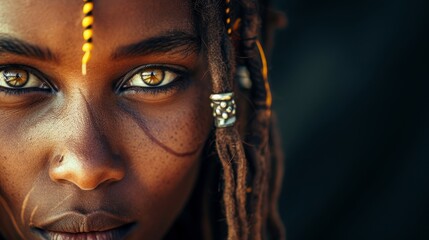 Beautiful african tribe woman,  rasta hair, she is looking straight into the camera,  black...