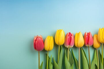 tulips frame, colorful bouquet of tulips on a light blue background—flat lay, with copy space.