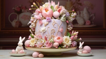  a cake decorated with flowers and bunnies sits on a table next to a couple of bunny figurines.