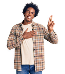 Handsome african american man with afro hair wearing casual clothes and glasses smiling swearing...