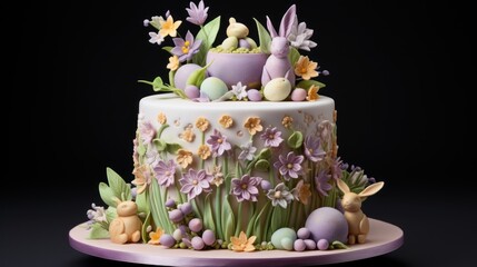  a three tiered cake decorated with flowers and bunnies on top of a purple plate on a black background.