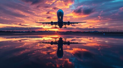 Airplane Takes Off in the Reflection of the Airport Against Sunrise