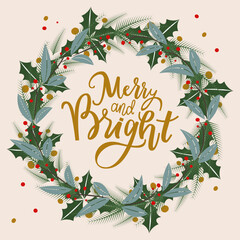 This illustration beautifully presents a Merry and Bright script encircled by a festive wreath adorned with holly, pine branches, and red berries, set against a light background