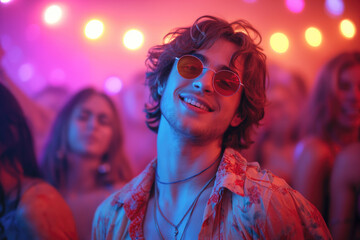 Happy handsome young man dancing at a nightclub party, disco guy having fun at a music festival - obrazy, fototapety, plakaty