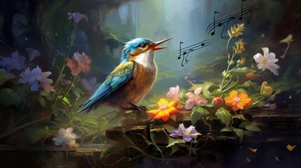  a bird with its mouth open sitting on a branch of a tree with flowers and music notes in the background.