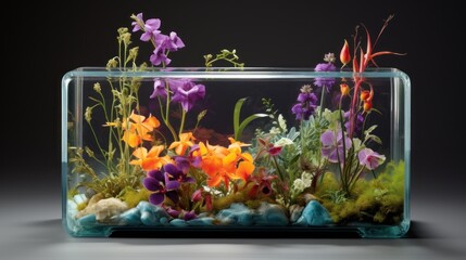  a fish tank filled with lots of different types of flowers and plants on top of rocks and gravel in front of a black background.