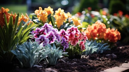  a bunch of flowers that are sitting in a flower bed on the ground in front of some grass and dirt.