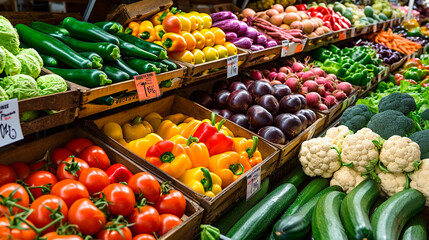Vegetables and fruits on the counter in the market. Selective focus.