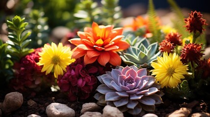  a group of colorful flowers sitting on top of a pile of dirt next to a pile of rocks and plants.