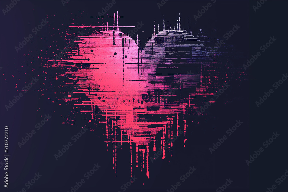 Wall mural Glitch distorted heart shape . Minimal art design . Noise destroyed heart logo, isolated on black background