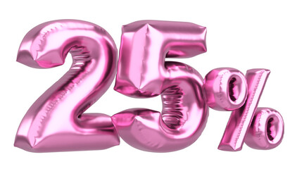 Twenty five percent. 25% balloon text. 3D illustration.