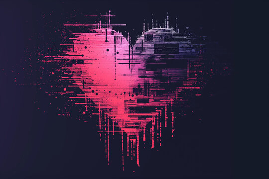 Naklejki Glitch distorted heart shape . Minimal art design . Noise destroyed heart logo, isolated on black background