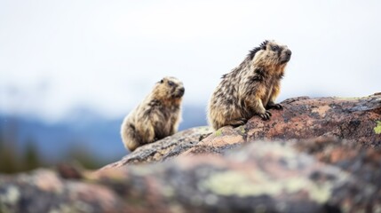  a couple of small animals sitting on top of a large rock next to each other on top of a mountain.