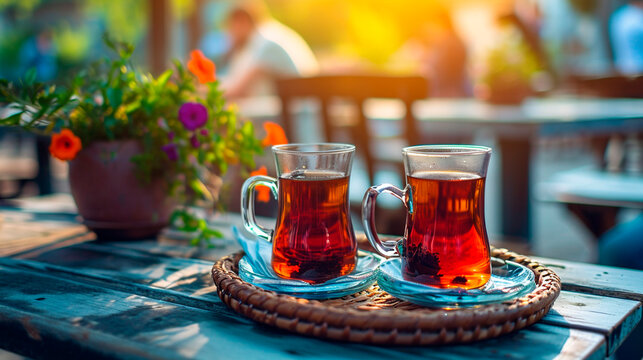 Turkish tea on the table. Selective focus.