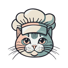 Cat Face Chef Cartoon Illustration Vector In Muted Orange, Beige And Blue Tones, Logo Icon Symbol