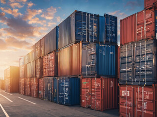 Fototapeta premium Stack of blue container boxes with sky background. Cargo freight shipping for import and export logistics - generated by ai