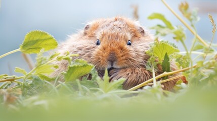  a close up of a small rodent in a field of grass with a leafy plant in the foreground and a blue sky in the background.