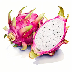 Handdrawn watercolor painting of Dragon fruit on a white background