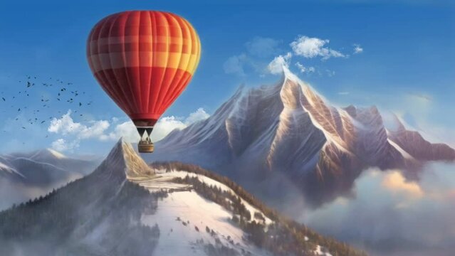 A hot air balloon over snowy mountains with a clear sky in the background seamless looping 4k time-lapse animation video background