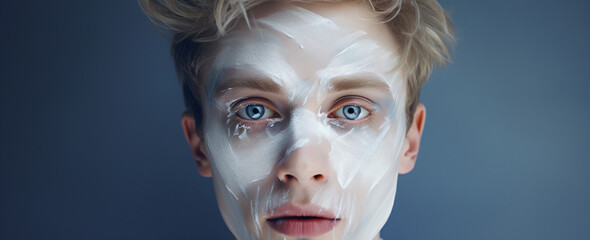 A young man with a face make up on, in the style of delicate washes, youthful, contemporary diy, photo-realistic hyperbole, i can't believe how beautiful this is

