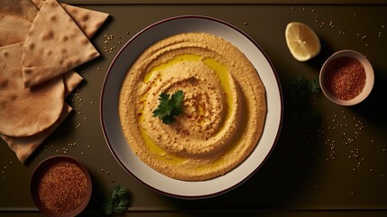 Delicious Hummus Plate: Top View on Dark Table Surface