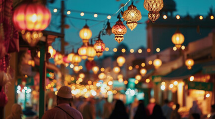 Lively decorations adorning Ramadan streets with bustling communal assemblies
