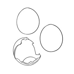 Vector illustration of a contour, set of eggs, whole and broken chicken eggs. Blank for designer, logo, icon, label. Isolated on a white background