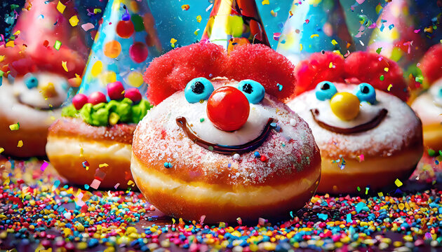 berliner, karneval, rosenmontag, weiberfastnacht, close up, essen, Fasching, b&auml;ckerei, konzept, spa&szlig;, komisch, gesicht, clown, 