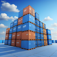 Stack of blue container boxes with sky background. Cargo freight shipping for import and export logistics - generated by ai