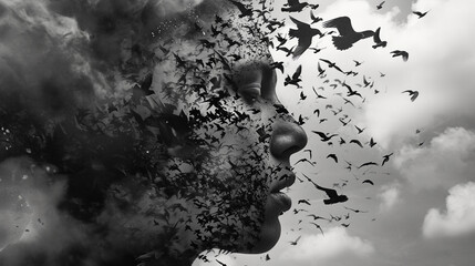 portrait with features dissolving into a flock of birds, stark contrast