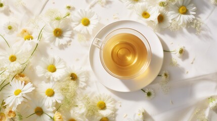  a cup of tea sitting on top of a white saucer filled with liquid surrounded by white and yellow flowers.