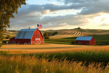 American heartland agriculture, a picturesque image featuring vast fields, red barns, and an American flag against a backdrop of rolling hills. - obrazy, fototapety, plakaty