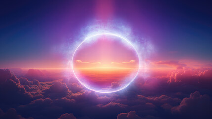 Beautiful neon colorful cloud with a rainbow ring background, in the style of luminous light effects, realistic landscapes with soft edges, dark violet and orange.	
