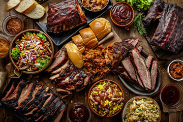 Southern barbecue feast, a mouthwatering image showcasing a hearty spread of Southern barbecue dishes with ribs, pulled pork, and classic sides. - obrazy, fototapety, plakaty