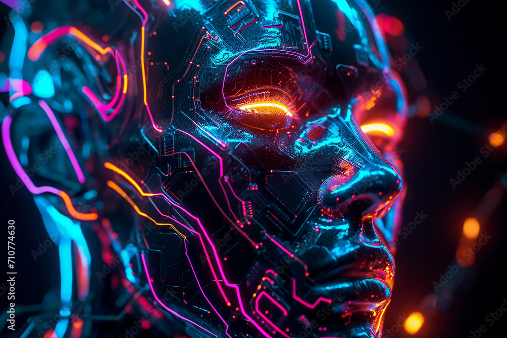 Poster futuristic cyborg face with glowing neon lines and psychedelic circuitry, black background with brig