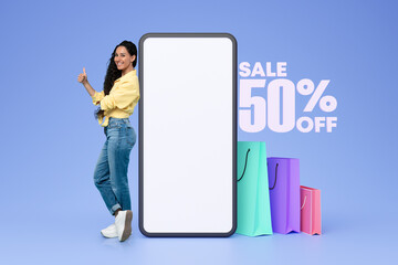 Buyer Woman Posing Near Empty Phone Screen Advertising Sale, Collage